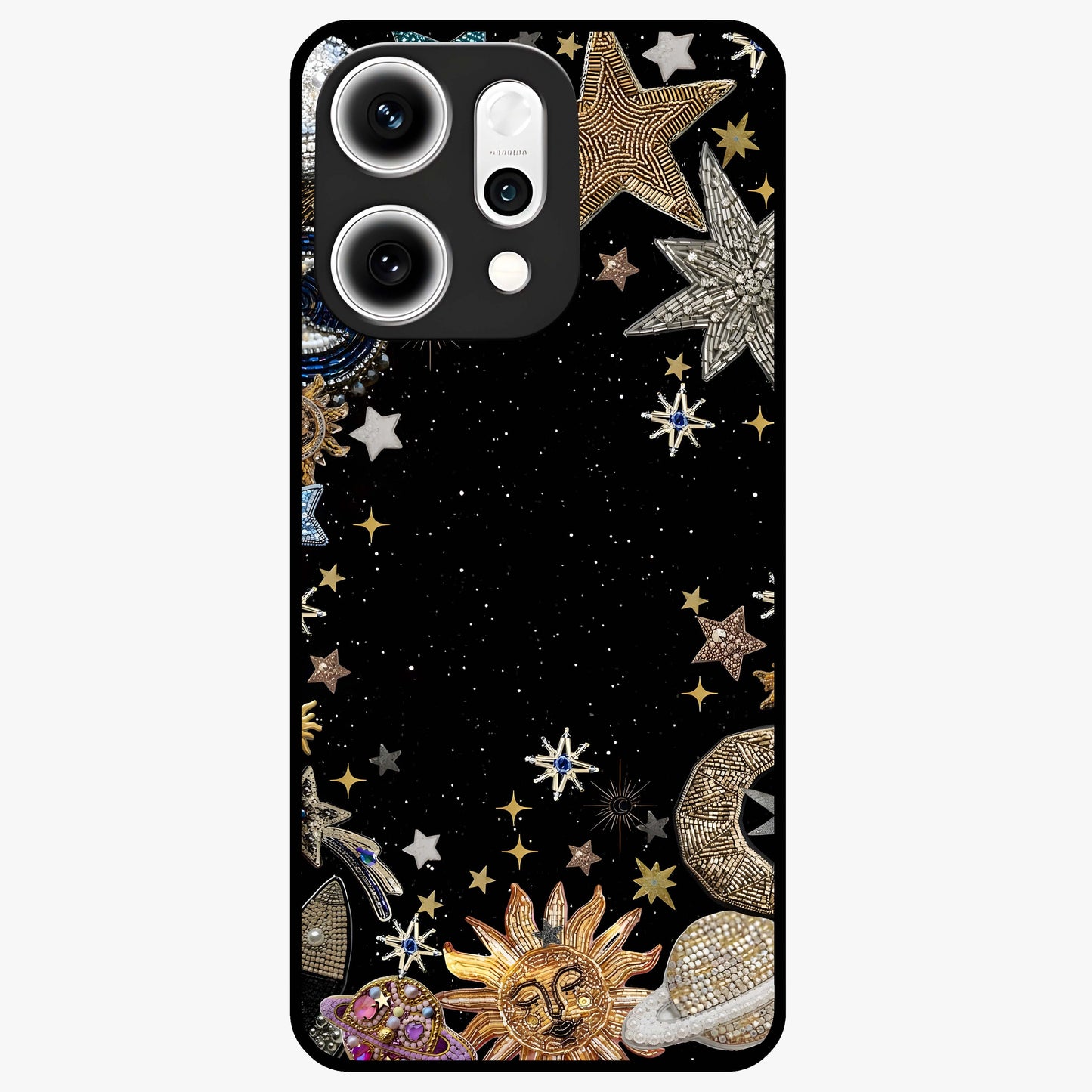Galactic Jewel Stars Glass Case showing flat back view with sparkling star jewel artwork and glossy glass finish.