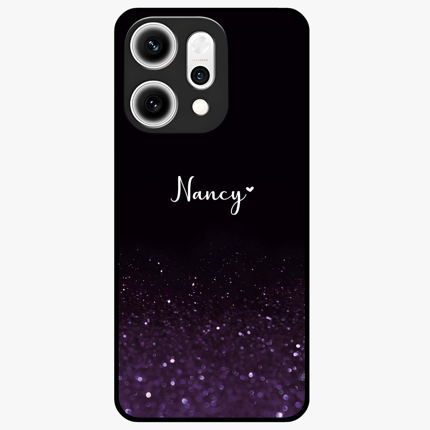 Glittery Purple Bokeh Custom Name Glass Case showing flat back view with purple bokeh sparkle artwork and personalized name design.