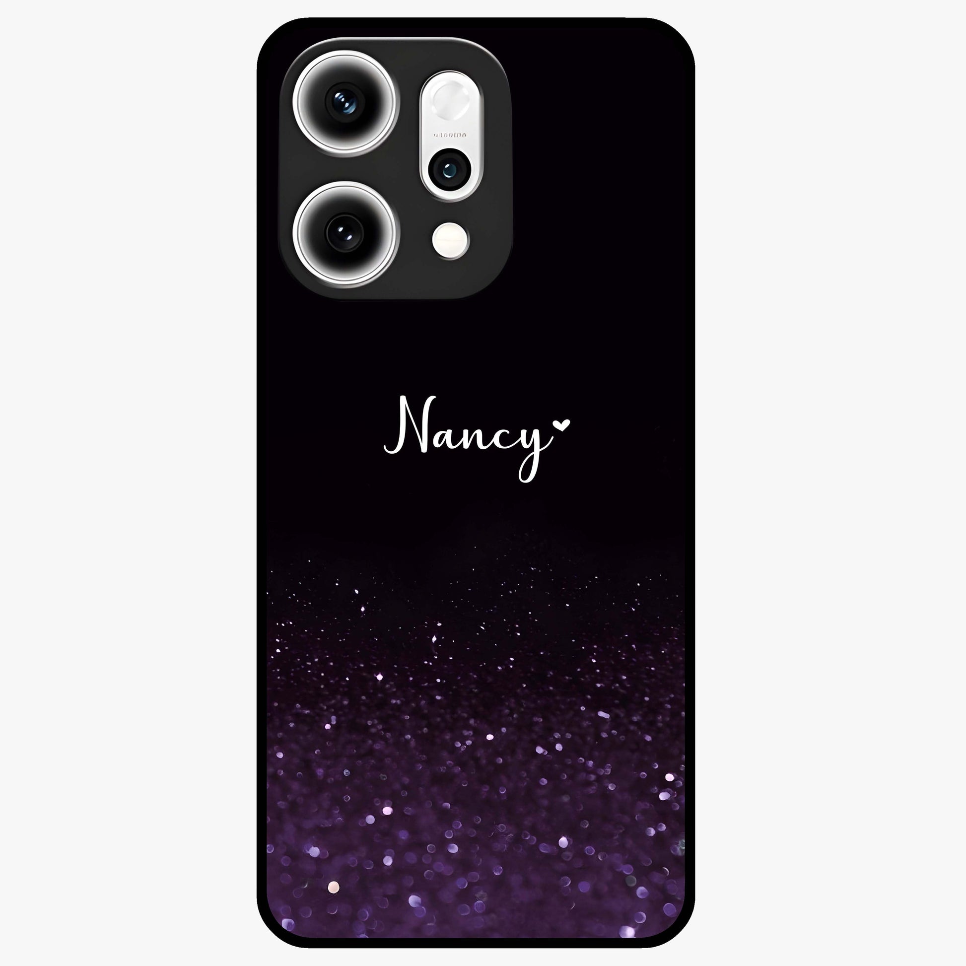 Glittery Purple Bokeh Custom Name Glass Case showing flat back view with purple bokeh sparkle artwork and personalized name design.