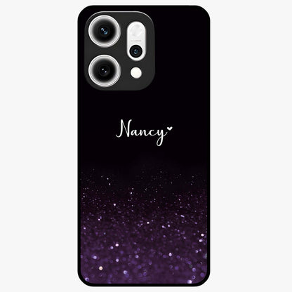 Glittery Purple Bokeh Custom Name Glass Case showing flat back view with purple bokeh sparkle artwork and personalized name design.