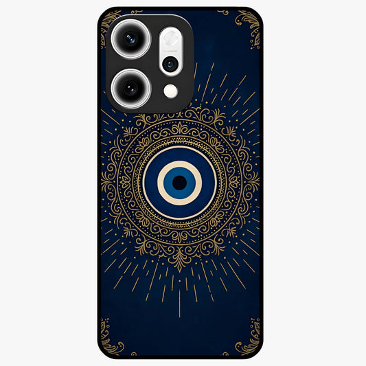 Golden Evil Eye Mandala Glass Case showing flat back view with intricate evil eye mandala artwork and glossy glass finish.