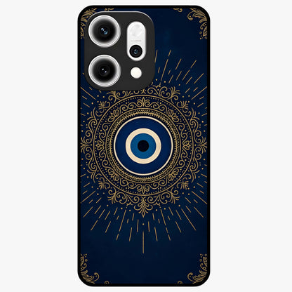 Golden Evil Eye Mandala Glass Case showing flat back view with intricate evil eye mandala artwork and glossy glass finish.