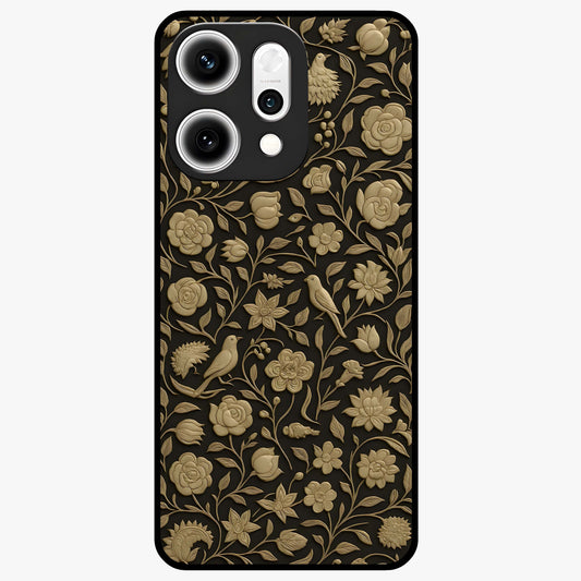 Golden Floral Majesty Glass Case showing flat back view with luxurious golden floral artwork and glossy glass finish.
