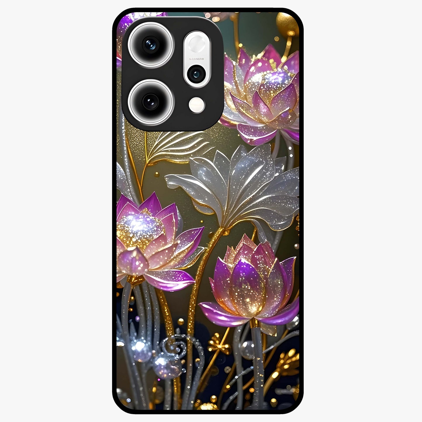 Golden Lotus Glow Glass Case showing flat back view with glowing lotus flower artwork and glossy glass finish.