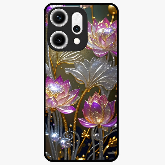 Golden Lotus Glow Glass Case showing flat back view with glowing lotus flower artwork and glossy glass finish.