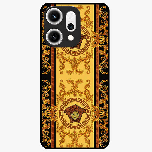 Golden Royal Heritage Glass Case showing flat back view with ornate royal pattern artwork and glossy glass finish.