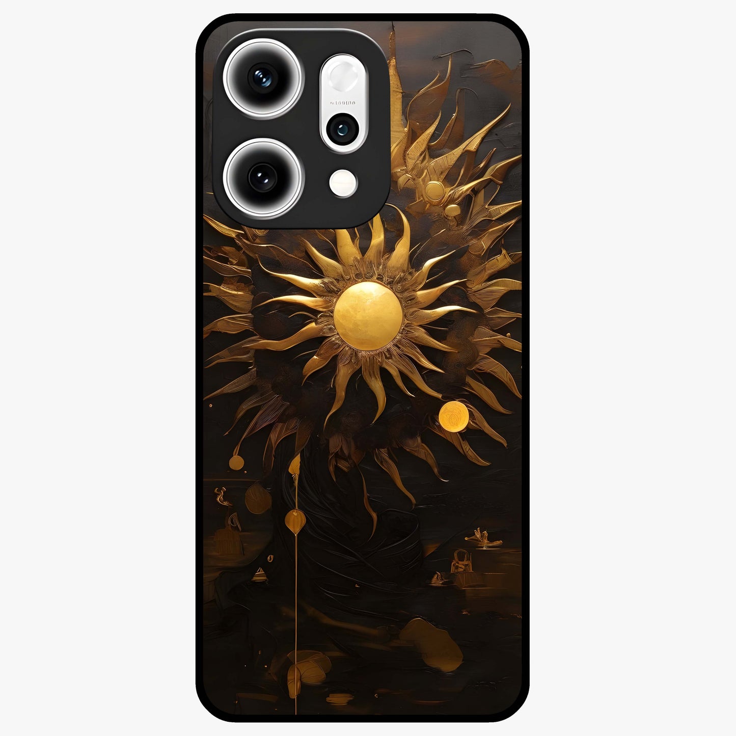 Golden Sun Majesty Glass Case showing flat back view with radiant golden sun artwork and glossy glass finish.