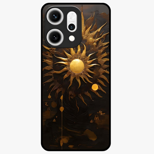 Golden Sun Majesty Glass Case showing flat back view with radiant golden sun artwork and glossy glass finish.