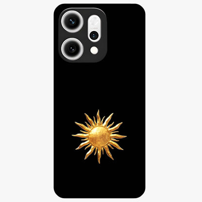 Golden Sun Minimalism Glass Case showing flat back view with minimal golden sun artwork and glossy glass finish.