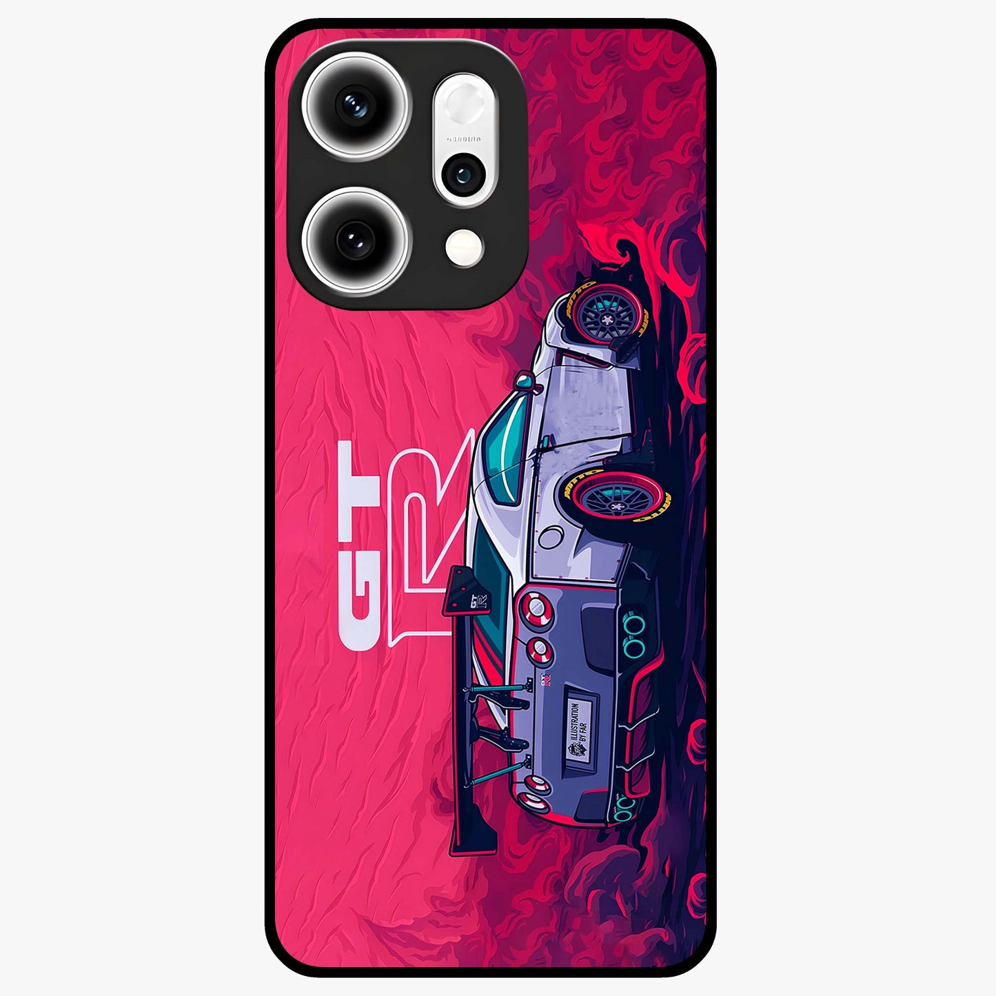 GT-R Car Pattern Glass Case showing flat back view with sporty car inspired pattern artwork and glossy glass finish.