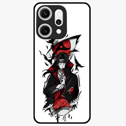 Itachi Sharingan Glass Case showing flat back view with powerful anime eye artwork and glossy glass finish.