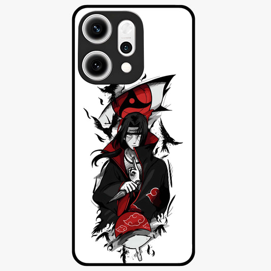 Itachi Sharingan Glass Case showing flat back view with powerful anime eye artwork and glossy glass finish.