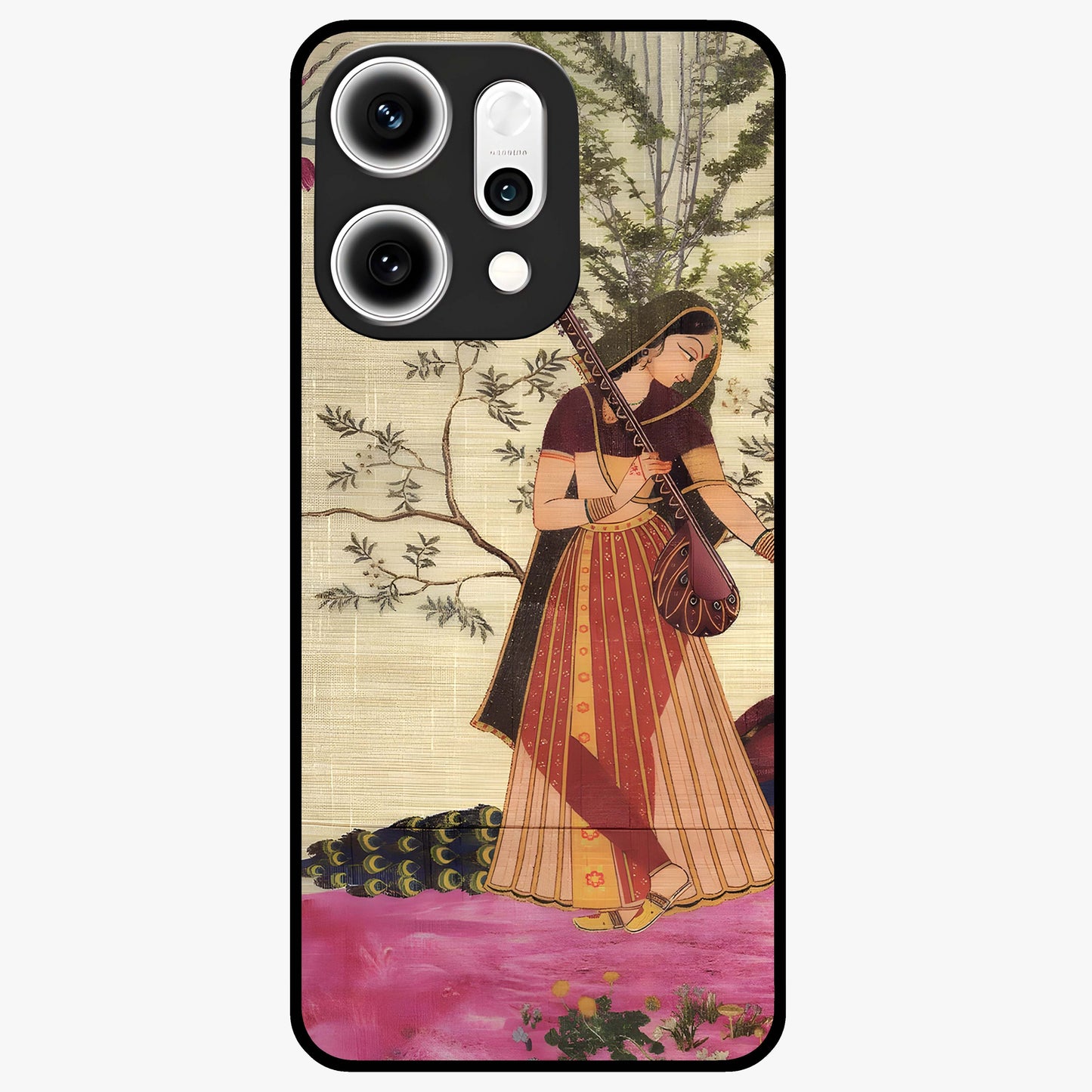 Lady With Veena Art Glass Case showing flat back view with elegant woman playing veena artwork and glossy glass finish.