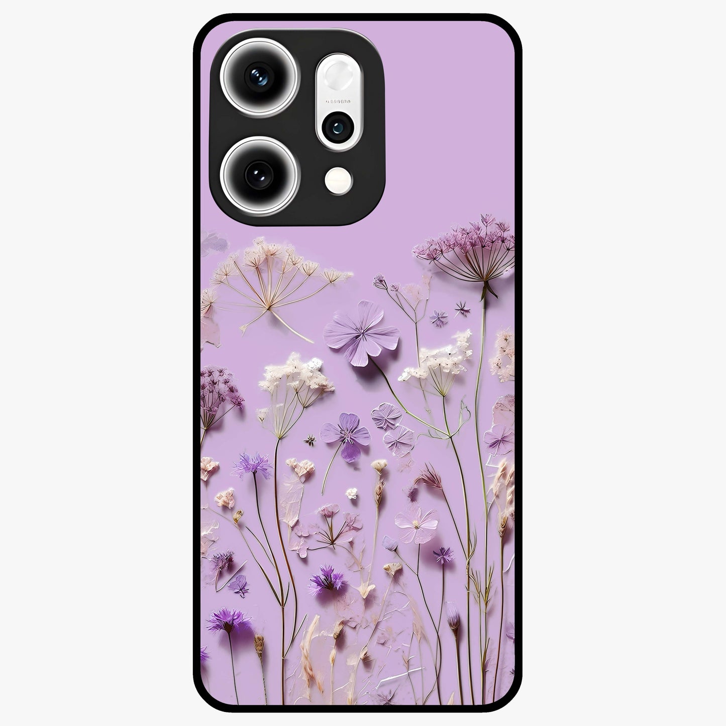 Lavender Blossom Dream Glass Case showing flat back view with soft lavender floral artwork and glossy glass finish.