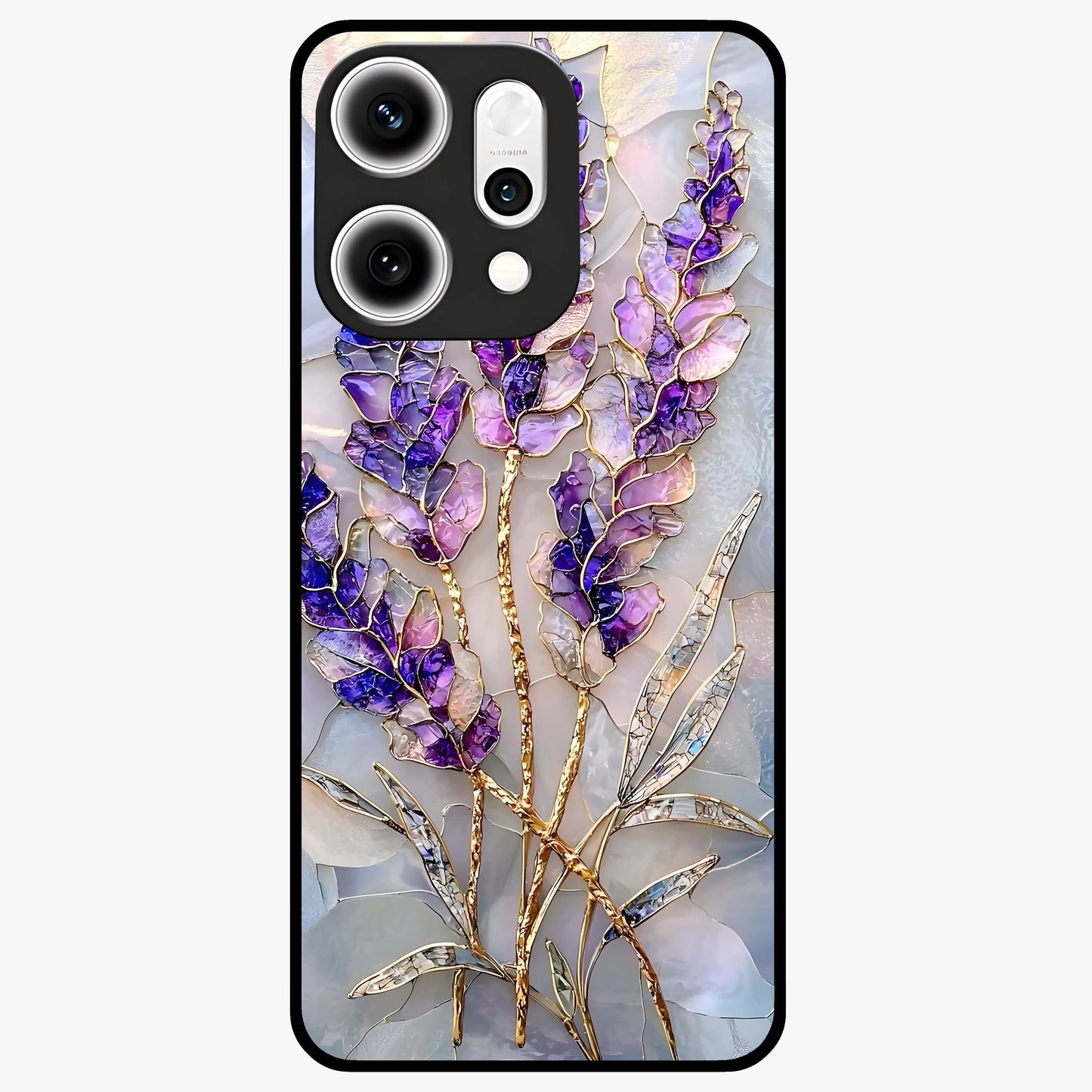 Lavender Dream Glow Glass Case showing flat back view with glowing lavender aesthetic artwork and glossy glass finish.