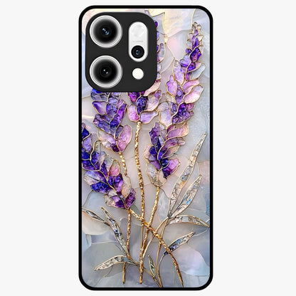 Lavender Dream Glow Glass Case showing flat back view with glowing lavender aesthetic artwork and glossy glass finish.