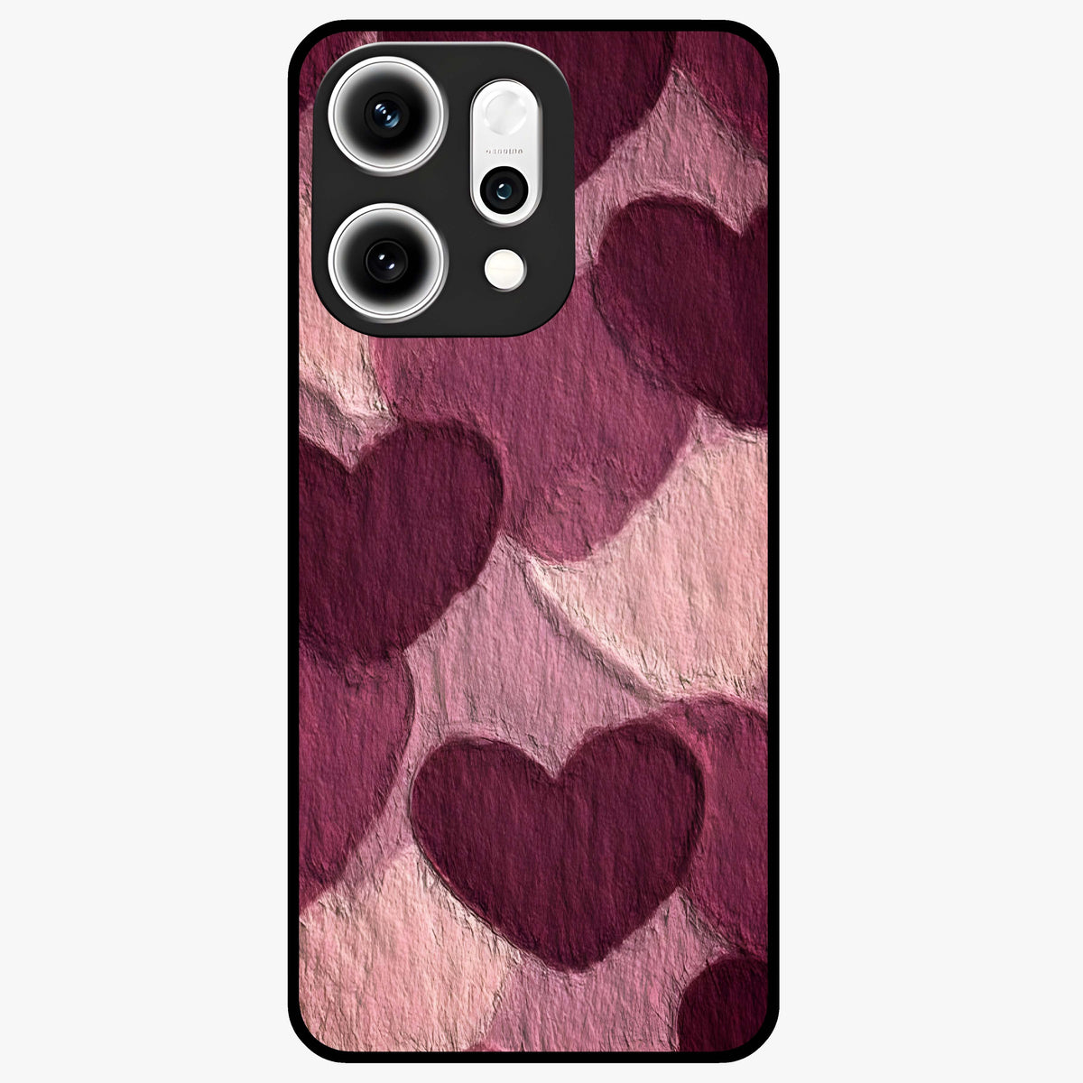 Layered Paper Hearts Glass Case showing flat back view with layered paper heart artwork and glossy glass finish.