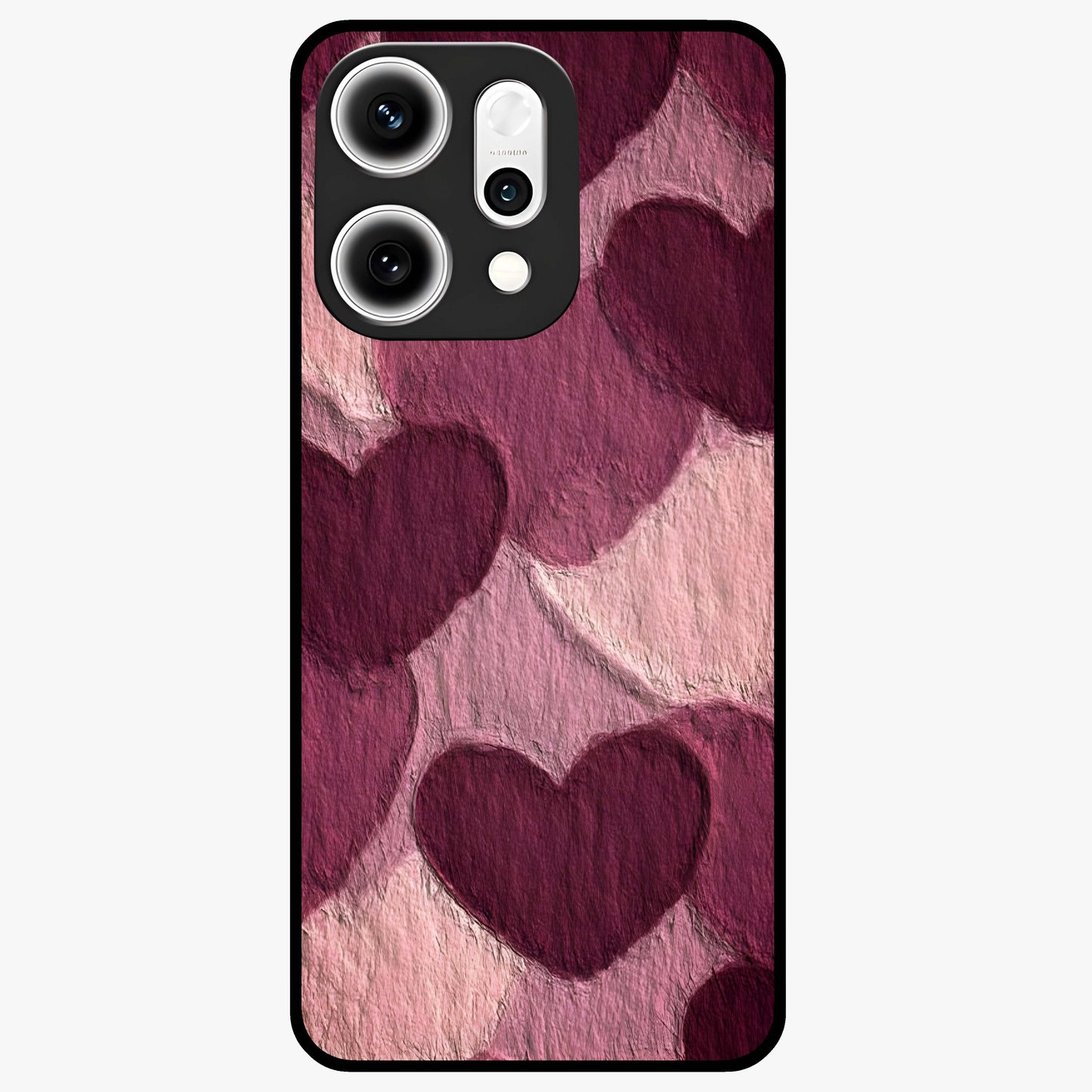 Layered Paper Hearts Glass Case showing flat back view with layered paper heart artwork and glossy glass finish.