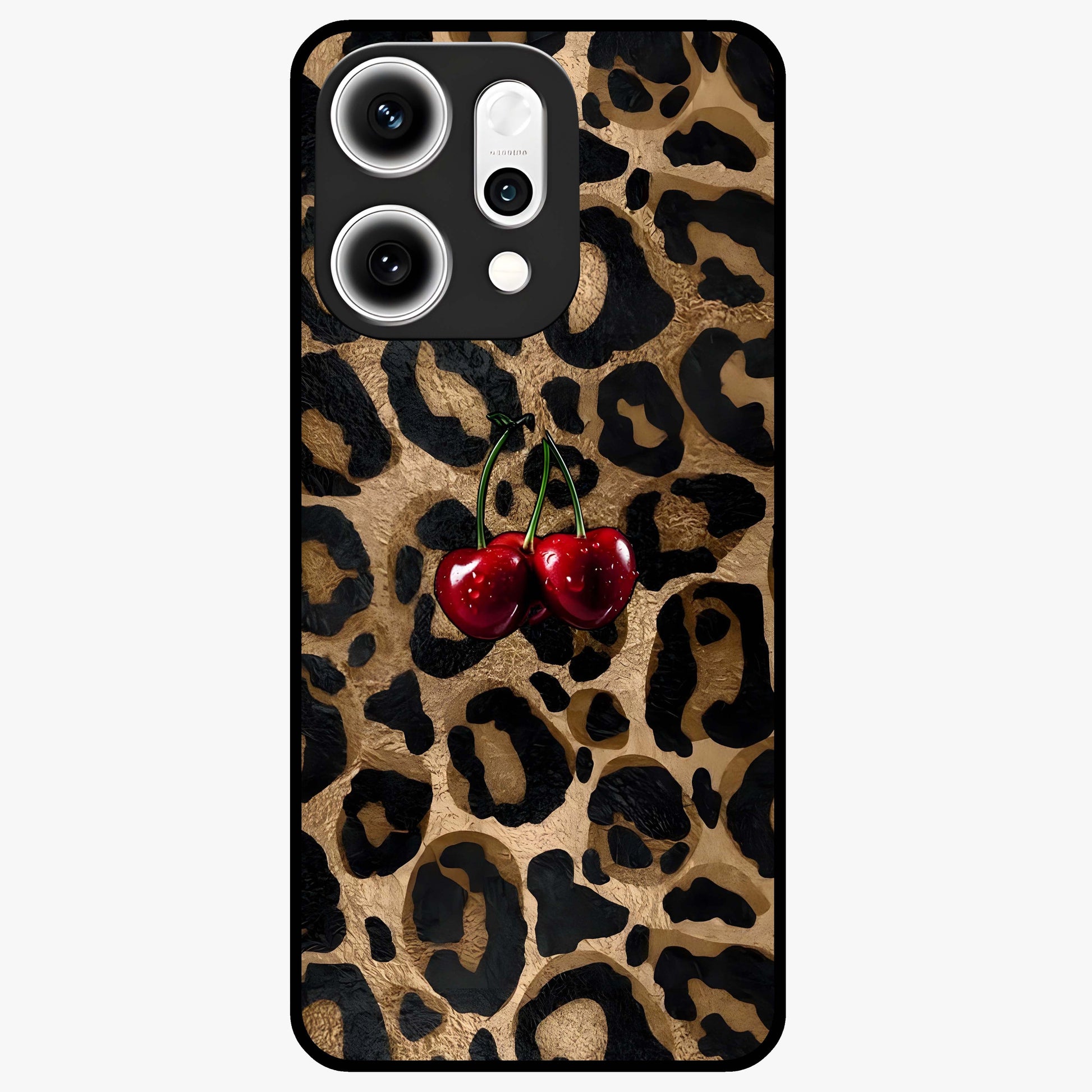 Leopard Wild Cherry Glass Case showing flat back view with leopard pattern and cherry artwork and glossy glass finish.
