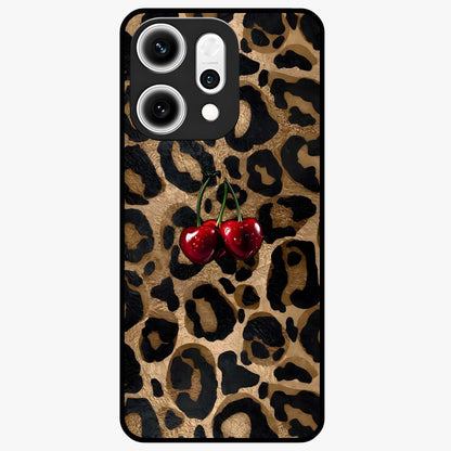 Leopard Wild Cherry Glass Case showing flat back view with leopard pattern and cherry artwork and glossy glass finish.
