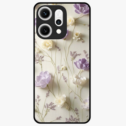 Lilac Breeze Harmony Glass Case showing flat back view with soft lilac themed artwork and glossy glass finish.