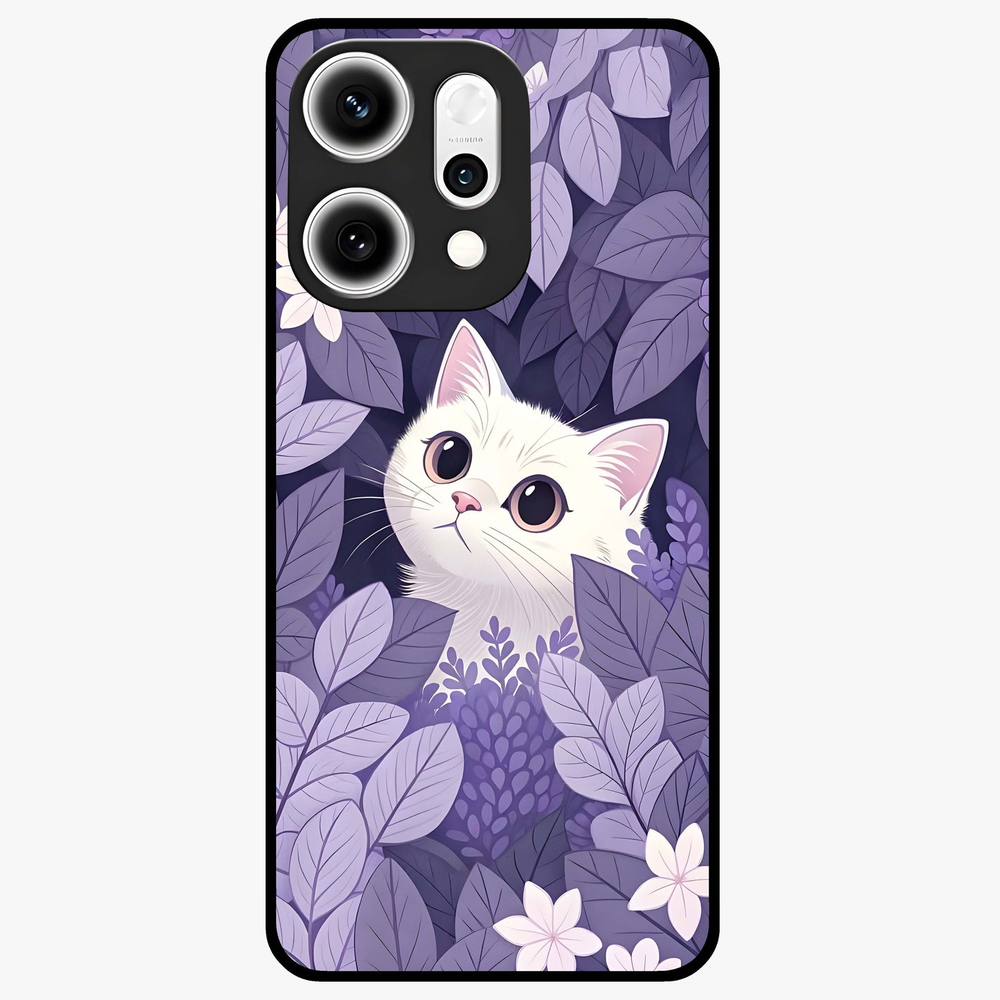 Lilac Hide Peek Cat Glass Case showing flat back view with cute peeking cat artwork and glossy glass finish.