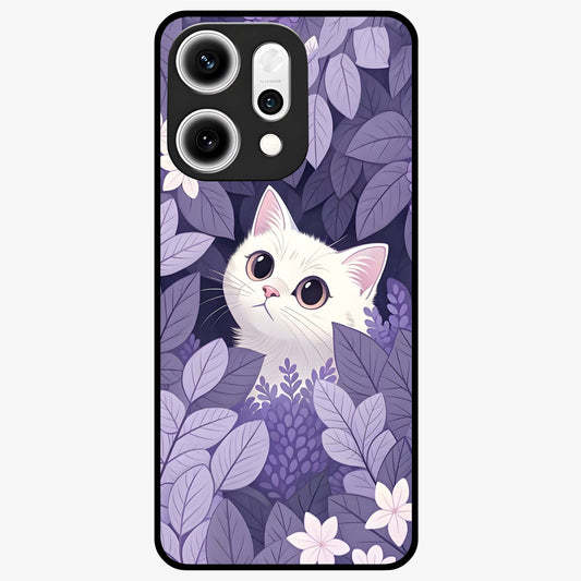 Lilac Hide Peek Cat Glass Case showing flat back view with cute peeking cat artwork and glossy glass finish.