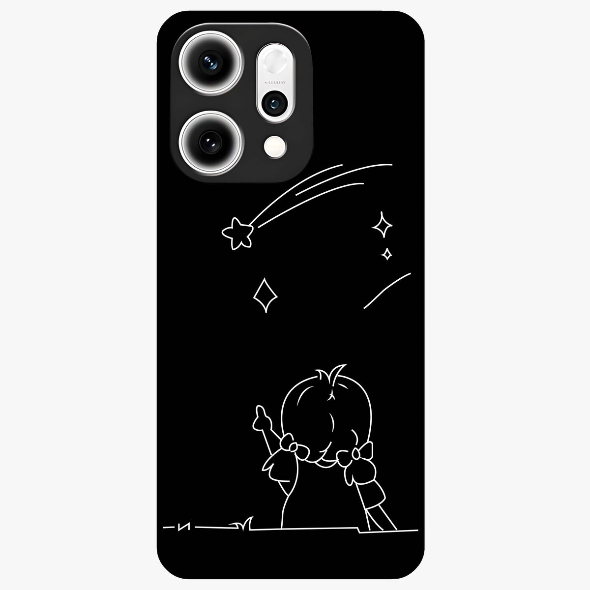 Line Art Girl With Shooting Stars Glass Case showing flat back view with minimal line art girl and shooting stars illustration and glossy glass finish.