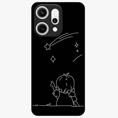 Line Art Girl With Shooting Stars Glass Case showing flat back view with minimal line art girl and shooting stars illustration and glossy glass finish.