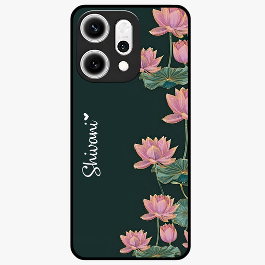 Lotus Bloom Serenity Custom Name Glass Case showing flat back view with elegant lotus flower artwork and personalized name design.