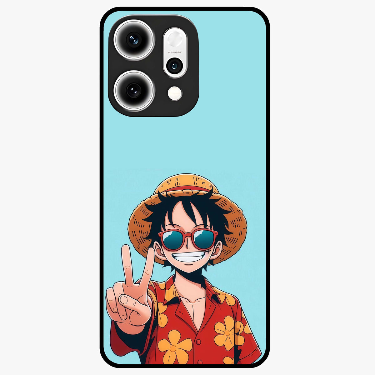 Luffy Summer Anime Vibe Glass Case showing flat back view with vibrant anime character artwork and glossy glass finish.