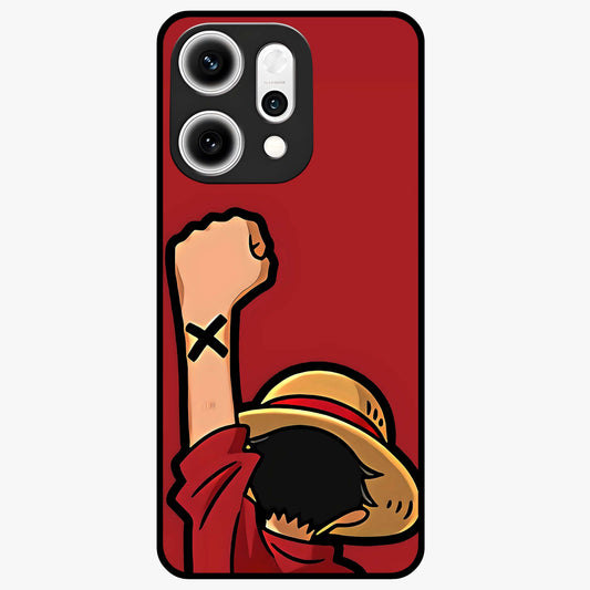 Luffy X Spirit Glass Case showing flat back view with bold anime character artwork and glossy glass finish.