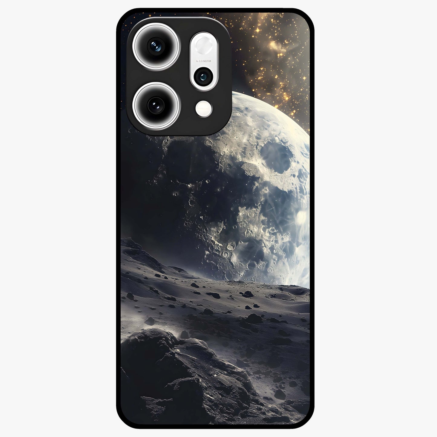 Lunar Horizon Glow Glass Case showing flat back view with glowing moon horizon artwork and glossy glass finish.