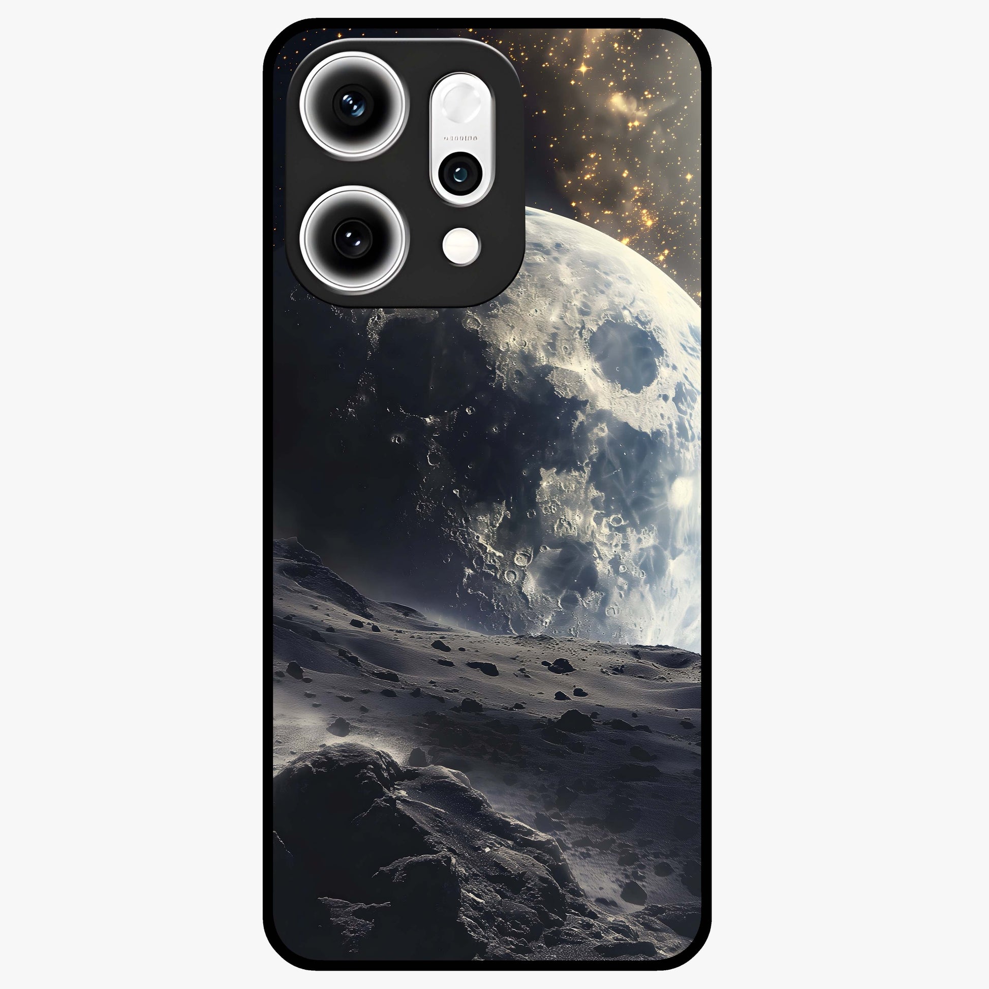 Lunar Horizon Glow Glass Case showing flat back view with glowing moon horizon artwork and glossy glass finish.