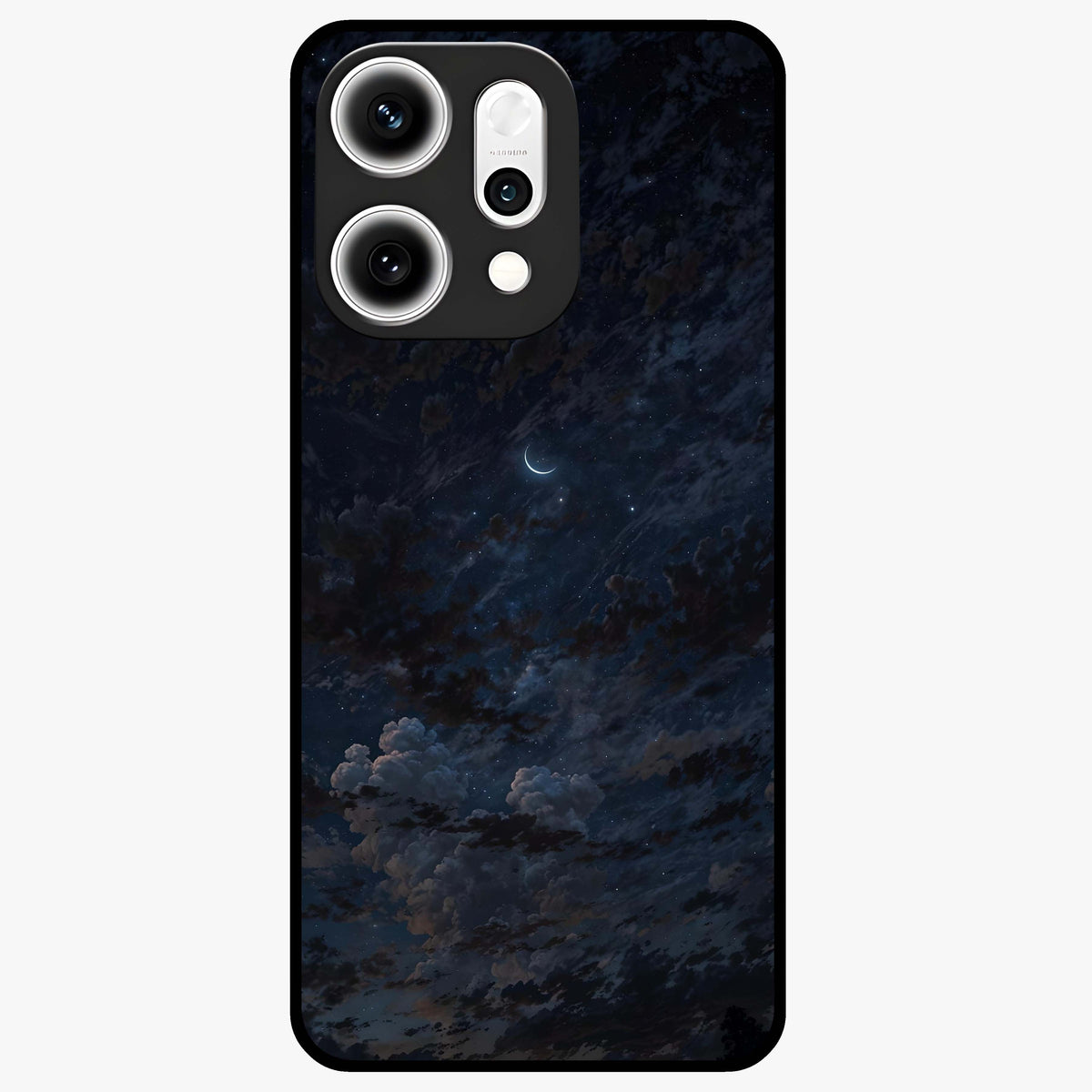 Lunar Veil Silence Glass Case showing flat back view with mystical moon veil artwork and glossy glass finish.