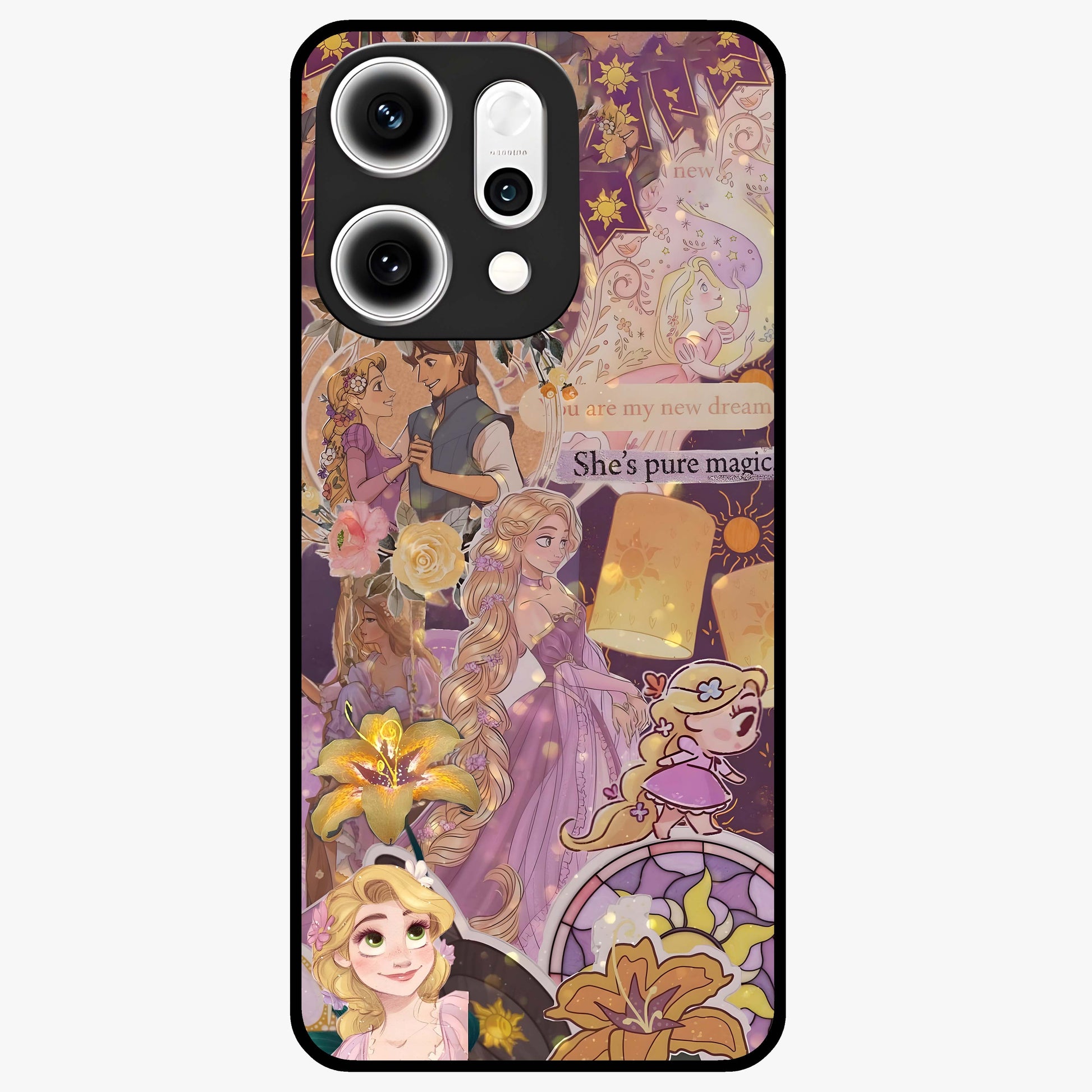 Magical Tangled Dream Glass Case showing flat back view with dreamy tangled artwork and glossy glass finish.