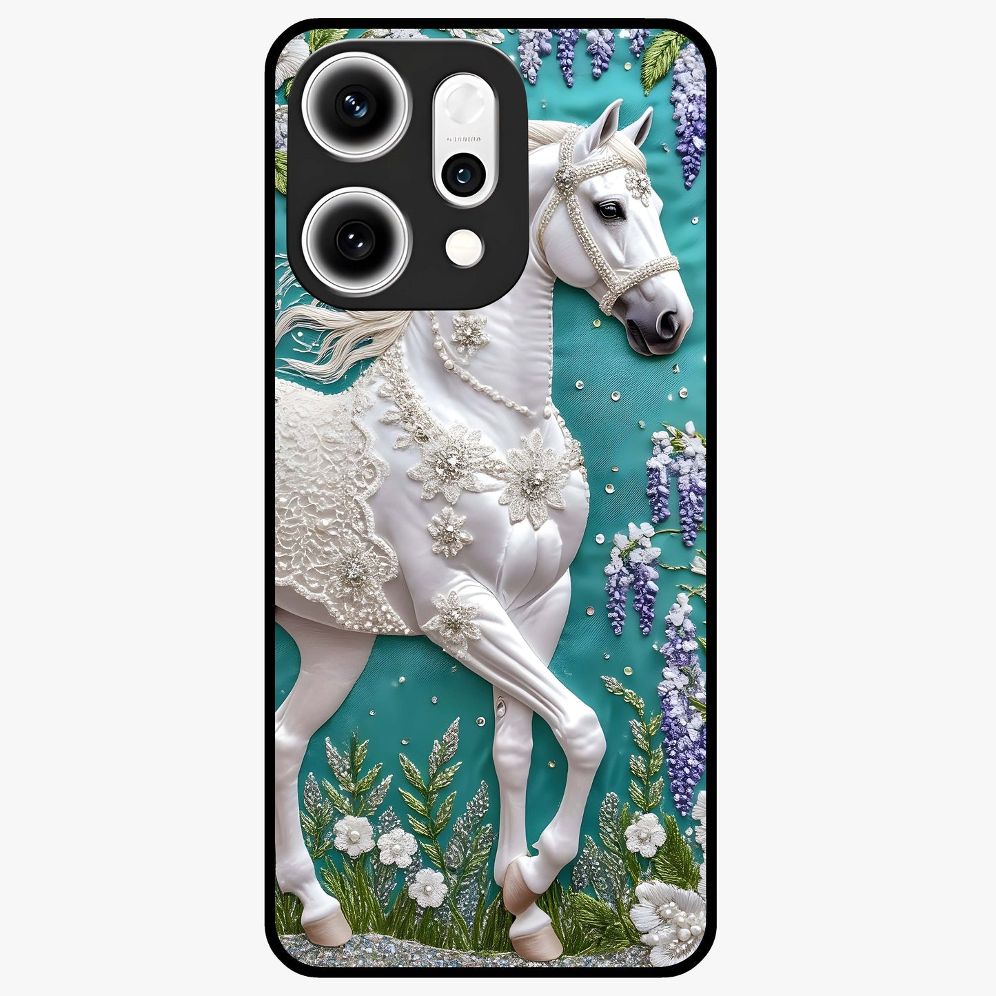 Majestic Floral Stallion Glass Case showing flat back view with powerful horse and floral artwork and glossy glass finish.