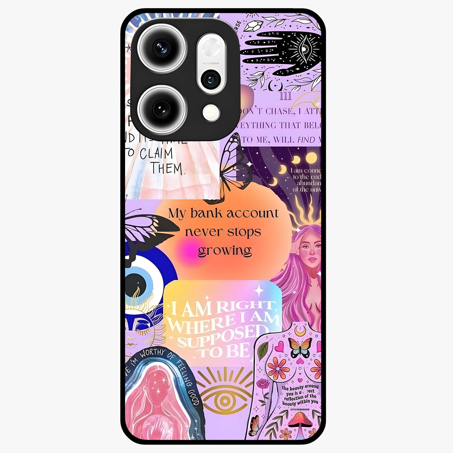 Manifestation Collage Glass Case showing flat back view with motivational collage artwork and glossy glass finish.