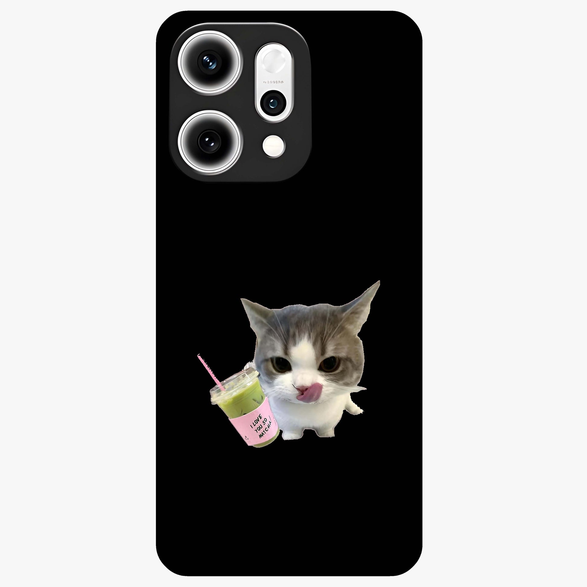 Matcha Cat Style Glass Case showing flat back view with cute matcha themed cat artwork and glossy glass finish.