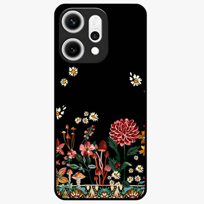 Midnight Bloom Pattern Glass Case showing flat back view with dark floral pattern artwork and glossy glass finish.