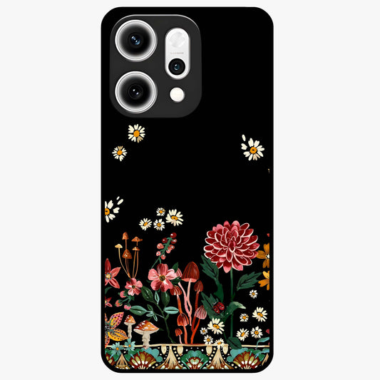 Midnight Bloom Pattern Glass Case showing flat back view with dark floral pattern artwork and glossy glass finish.