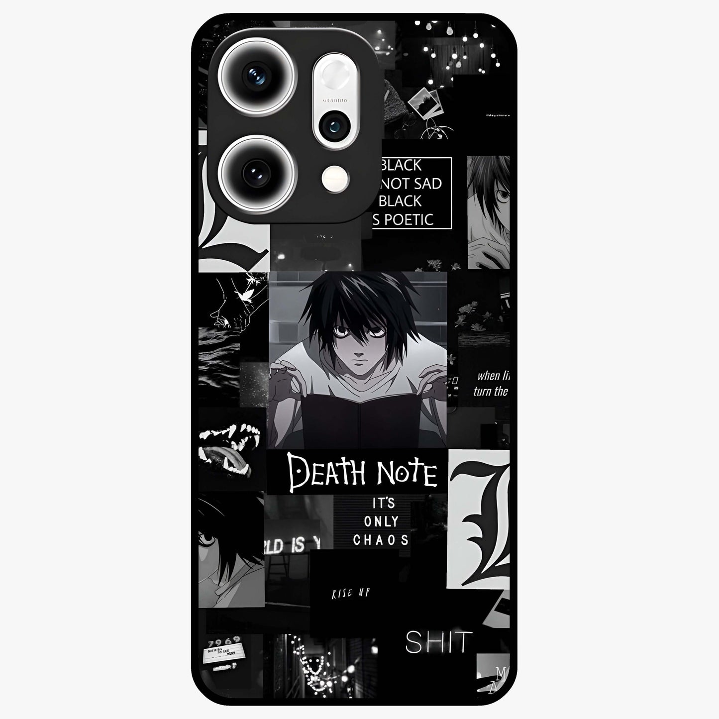 Midnight Chaos Mind Glass Case showing flat back view with abstract dark themed artwork and glossy glass finish.