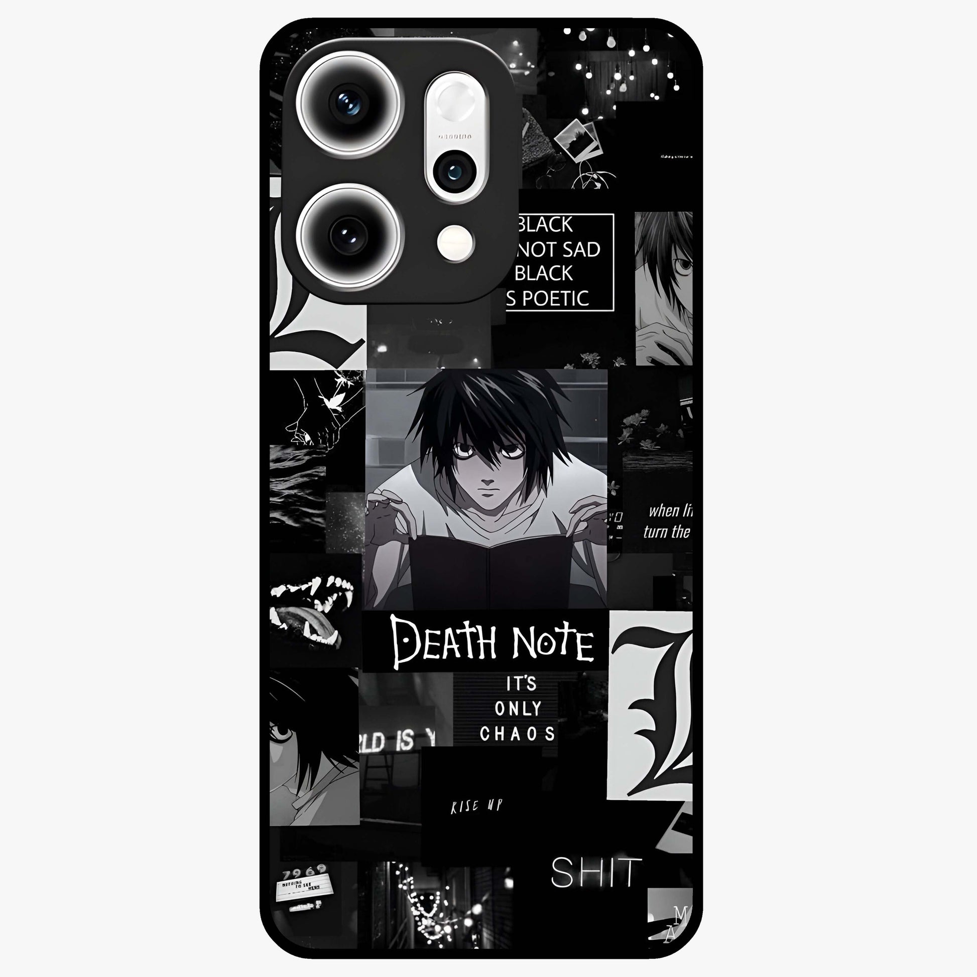 Midnight Chaos Mind Glass Case showing flat back view with abstract dark themed artwork and glossy glass finish.