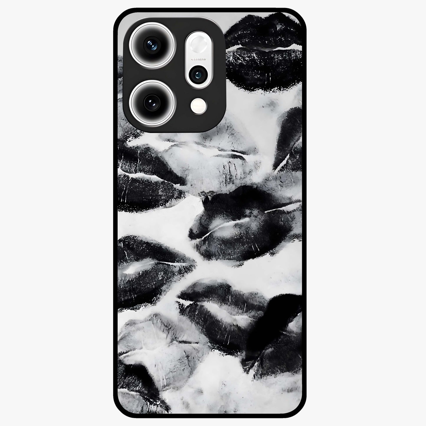 Midnight Kiss Marks Glass Case showing flat back view with lipstick kiss mark artwork and glossy glass finish.