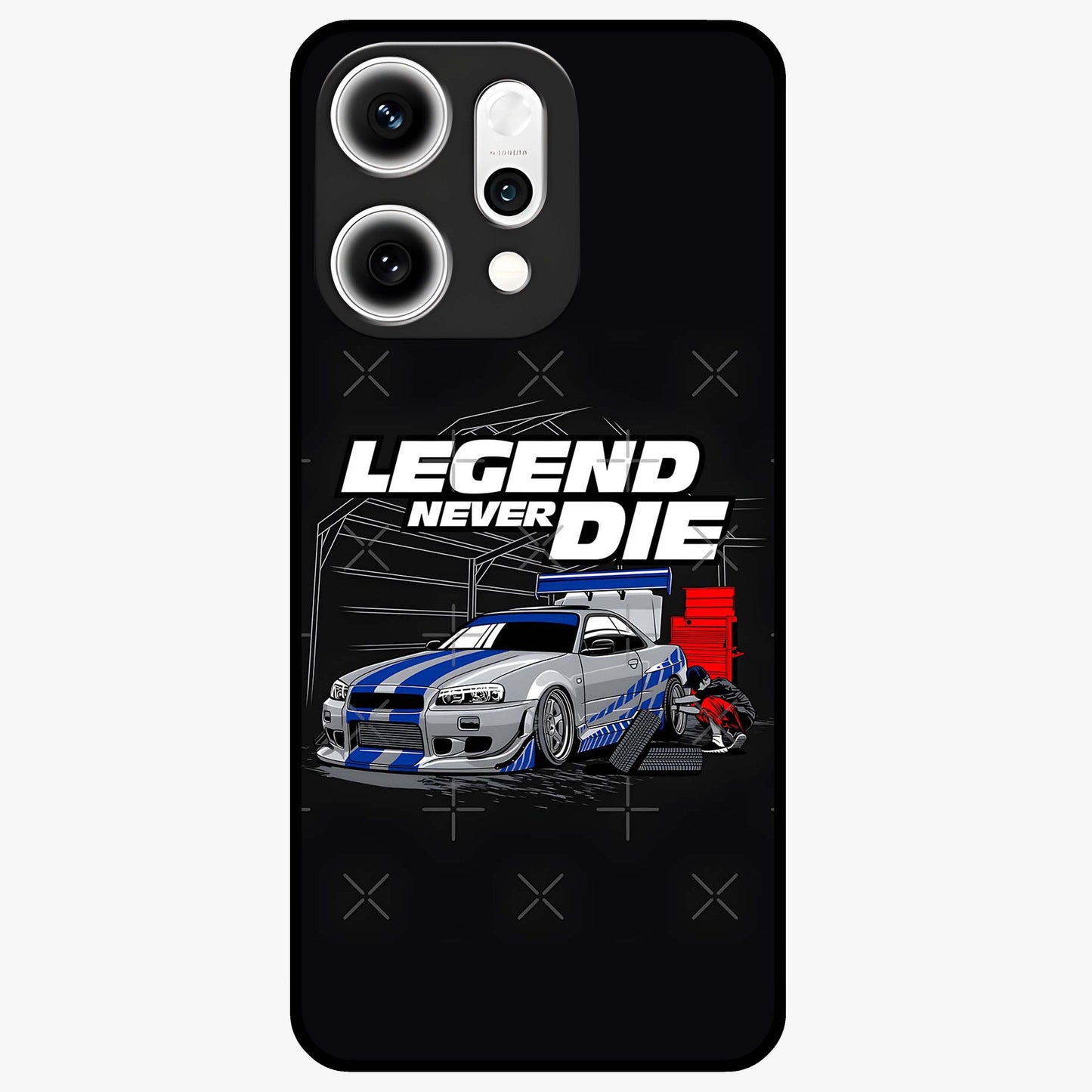 Midnight Racing Legacy Glass Case showing flat back view with sleek racing inspired artwork and glossy glass finish.