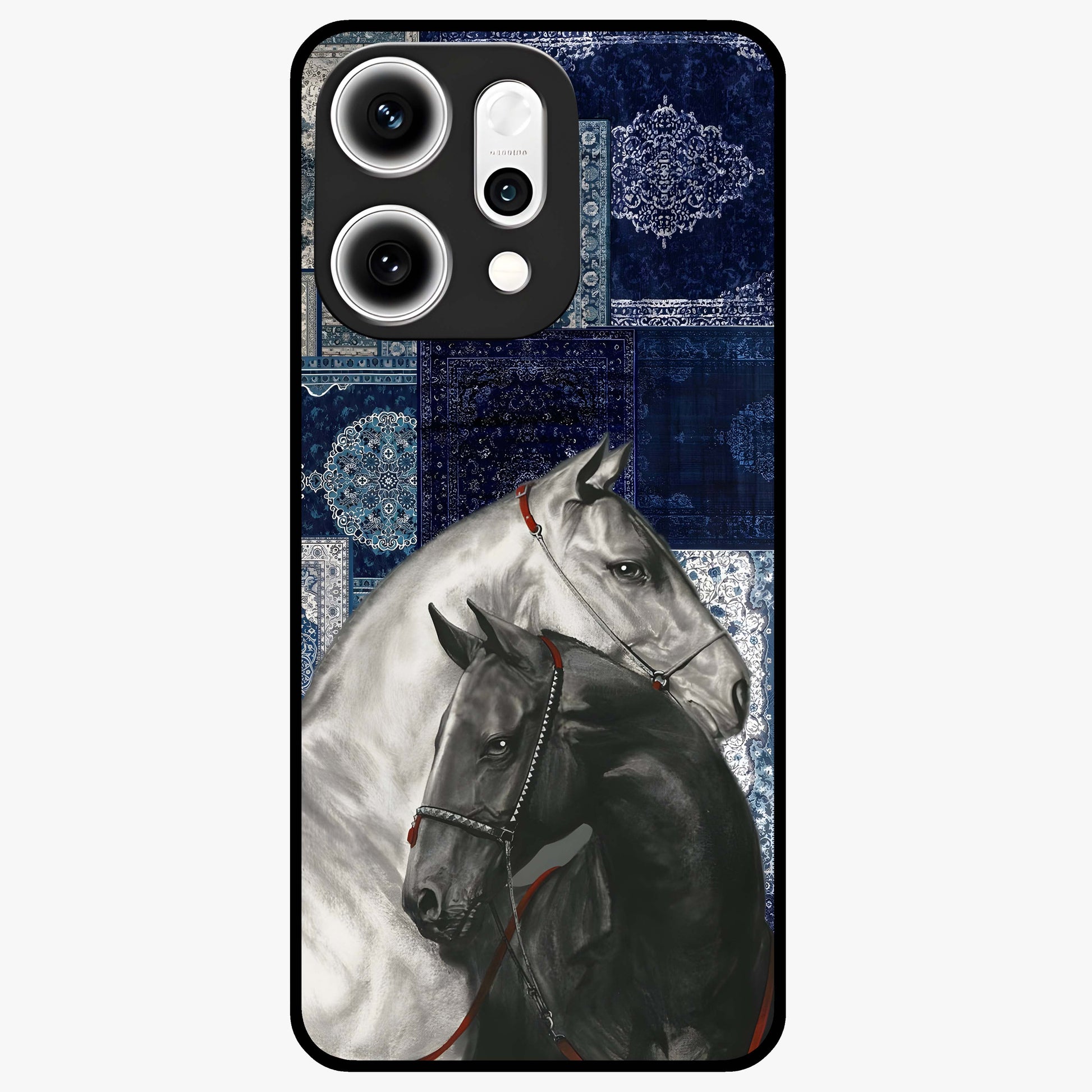 Midnight Stallion Blues Glass Case showing flat back view with majestic horse artwork and glossy glass finish.