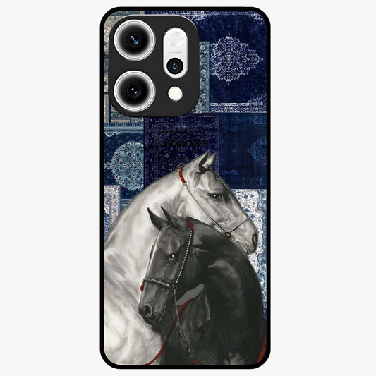 Midnight Stallion Blues Glass Case showing flat back view with majestic horse artwork and glossy glass finish.
