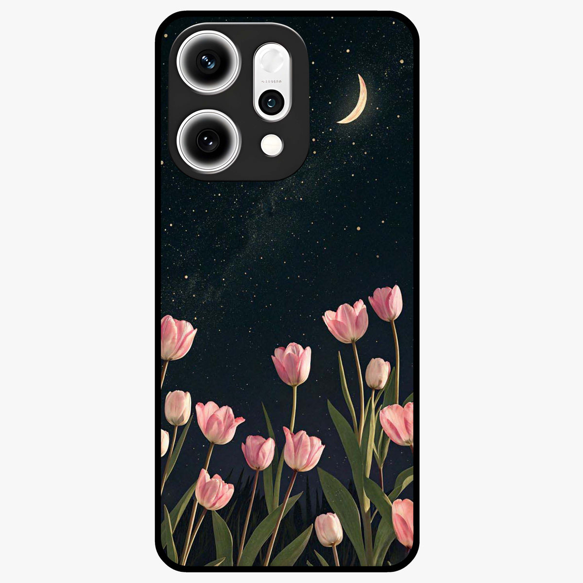 Midnight Tulip Whispers Vibe Glass Case showing flat back view with elegant tulip flower artwork and glossy glass finish.