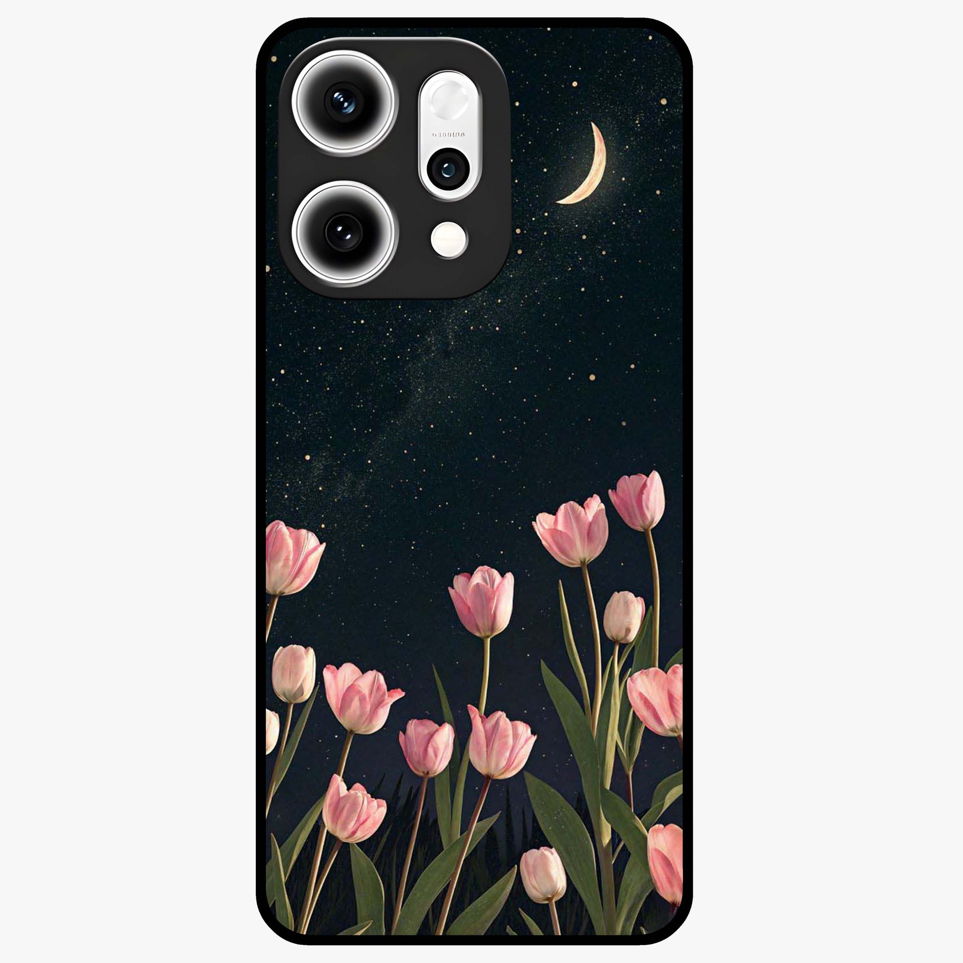 Midnight Tulip Whispers Vibe Glass Case showing flat back view with elegant tulip flower artwork and glossy glass finish.