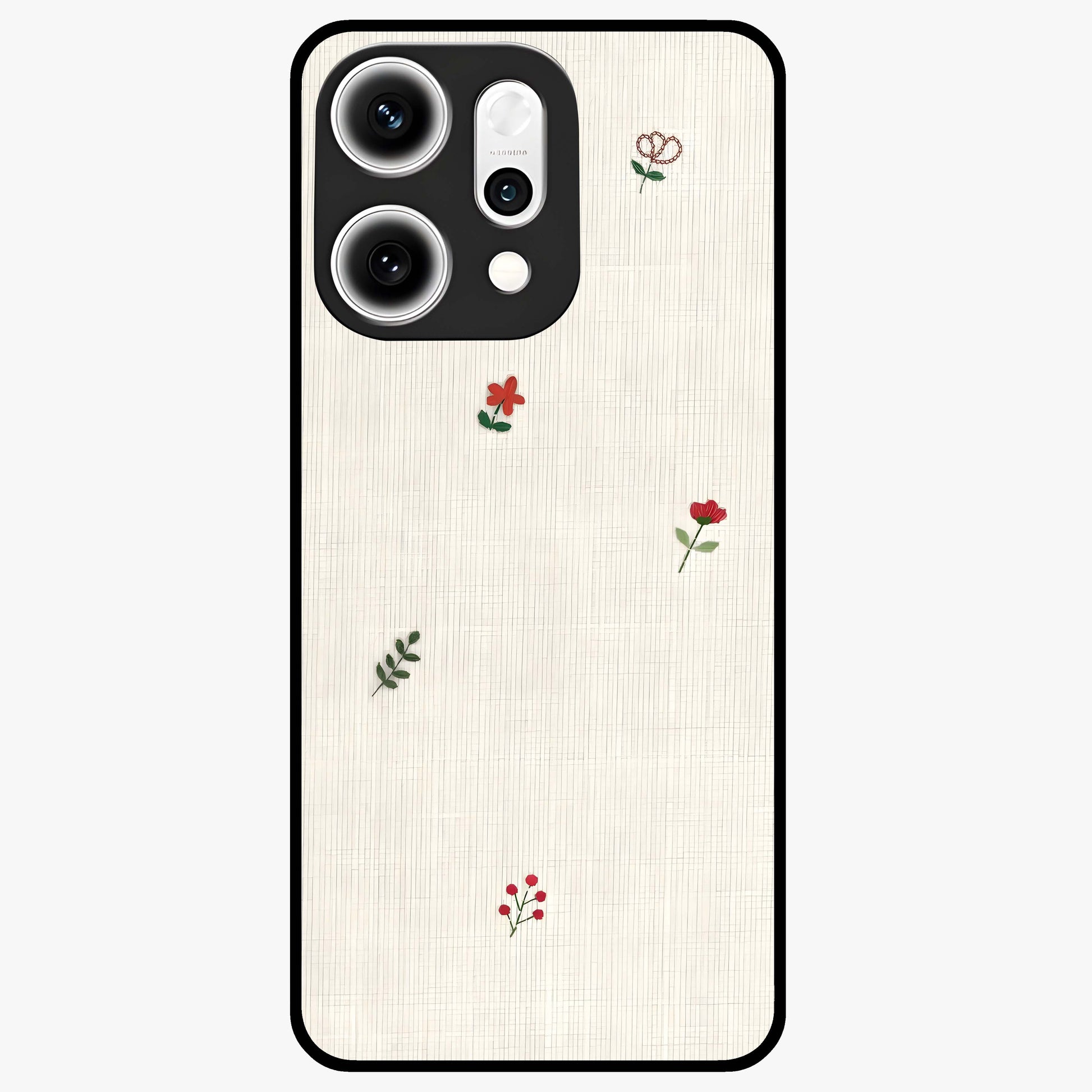 Minimal Petal Whispers Glass Case showing flat back view with soft minimal floral artwork and glossy glass finish.